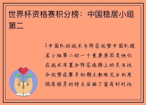世界杯资格赛积分榜：中国稳居小组第二